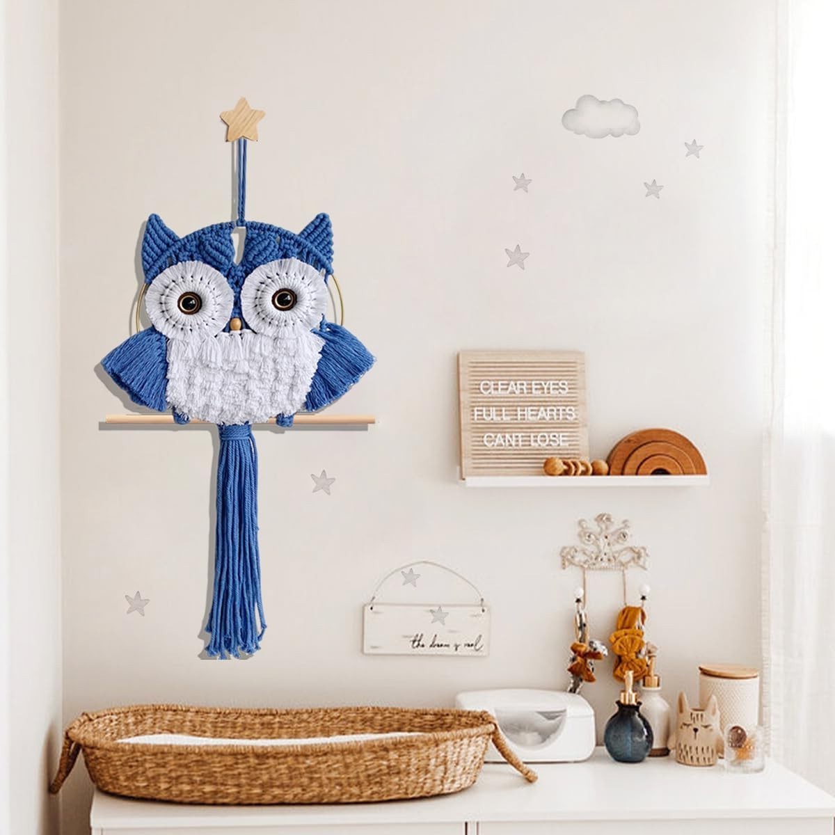 Hazy Blue Macrame Owl Wall Hanging Boho Fiber Art Decor