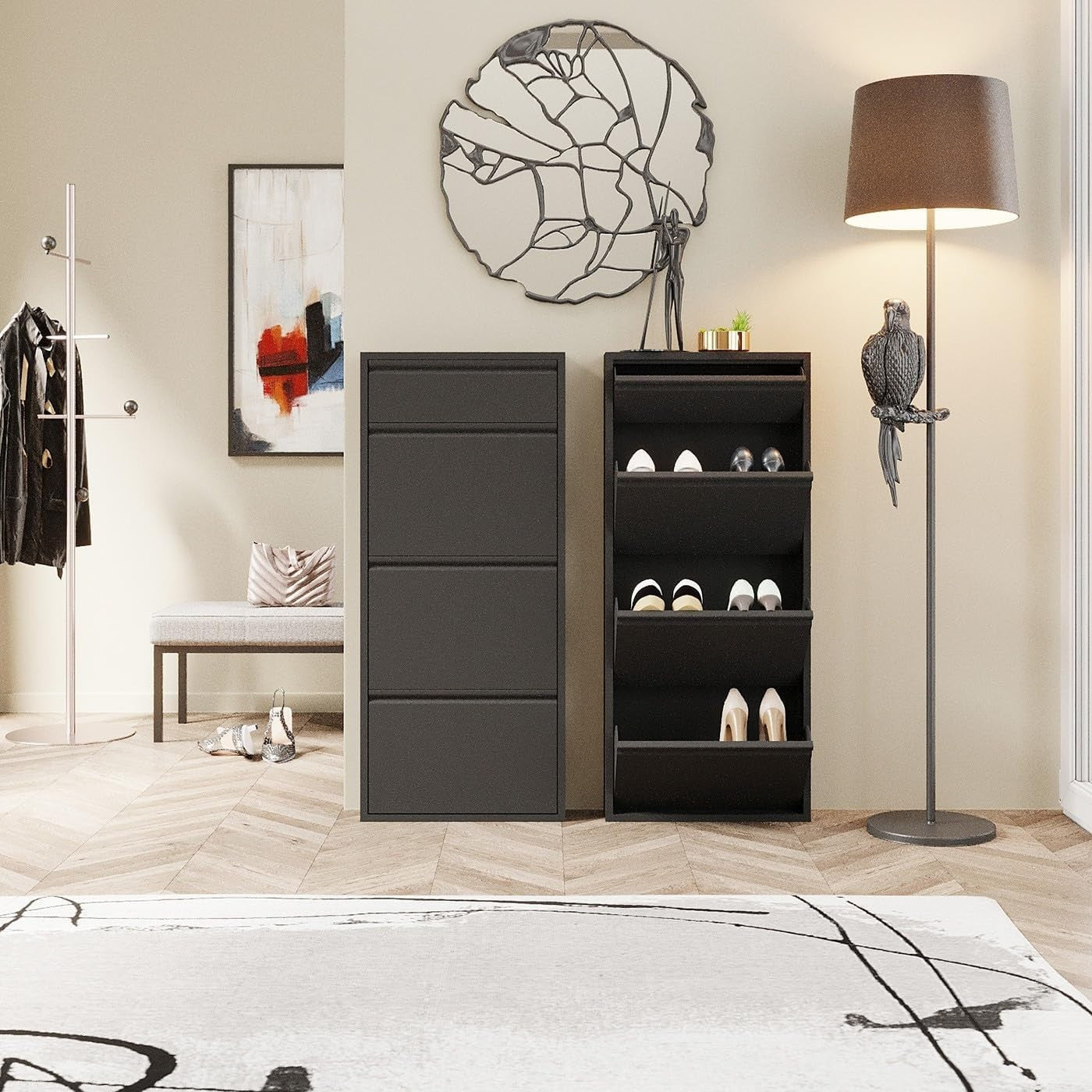 Slim Shoe Storage Cabinet Black Steel 4 Tier Tilt Drawer Hallway Unit