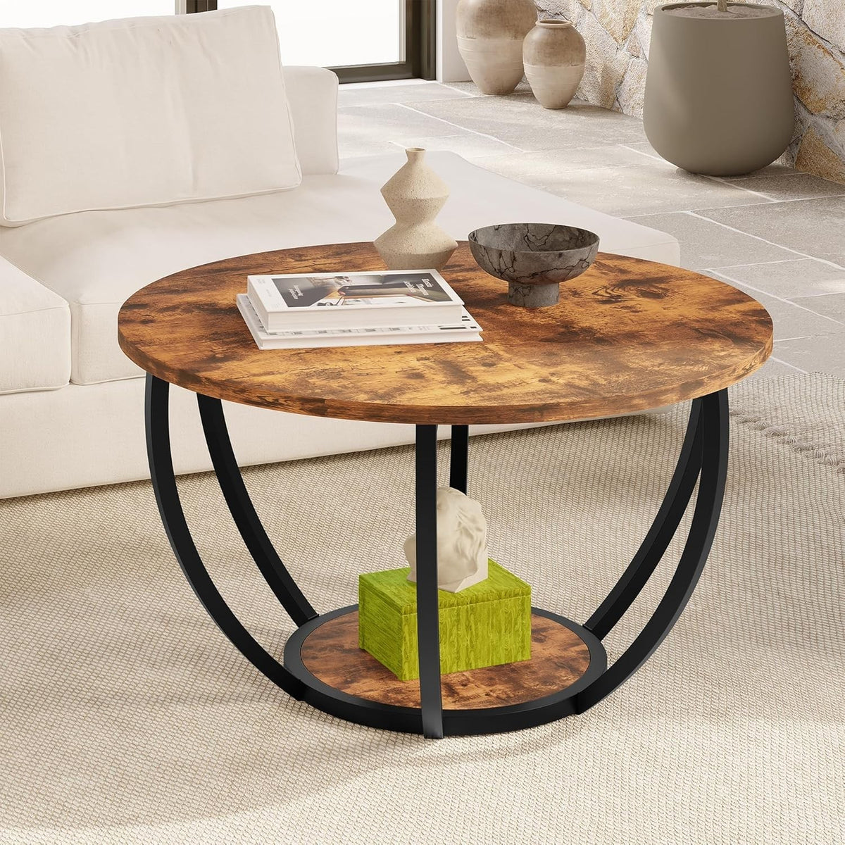 28" Round 2-Tier Coffee Table with Storage Shelves, Wood Top & Metal Frame Brown