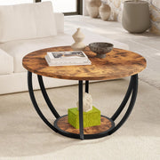 28" Round 2-Tier Coffee Table with Storage Shelves, Wood Top & Metal Frame Brown