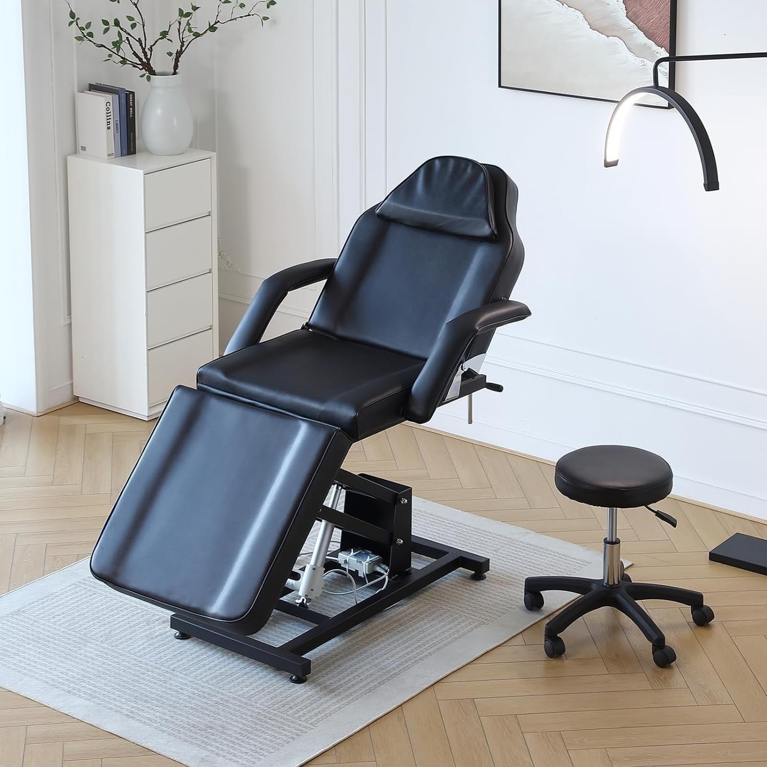 Electric 3-Section Beauty Massage Bed w/ Head Cushion & Swivel Stool Black