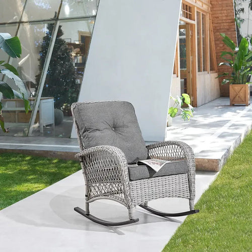 Grey Wicker Garden Rocking Chair with Cushions Indoor Outdoor Patio Seat