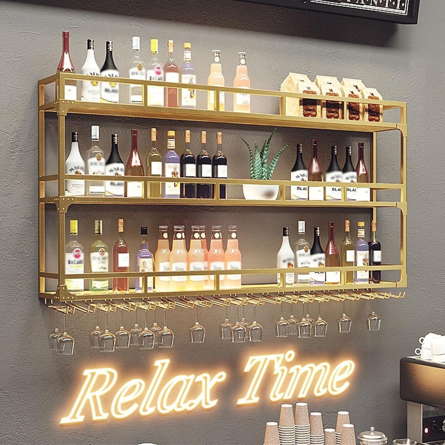 Wall Mounted Wine Rack With Glass Holder Bar Bottle Shelf Gold Metal 180x25x90cm