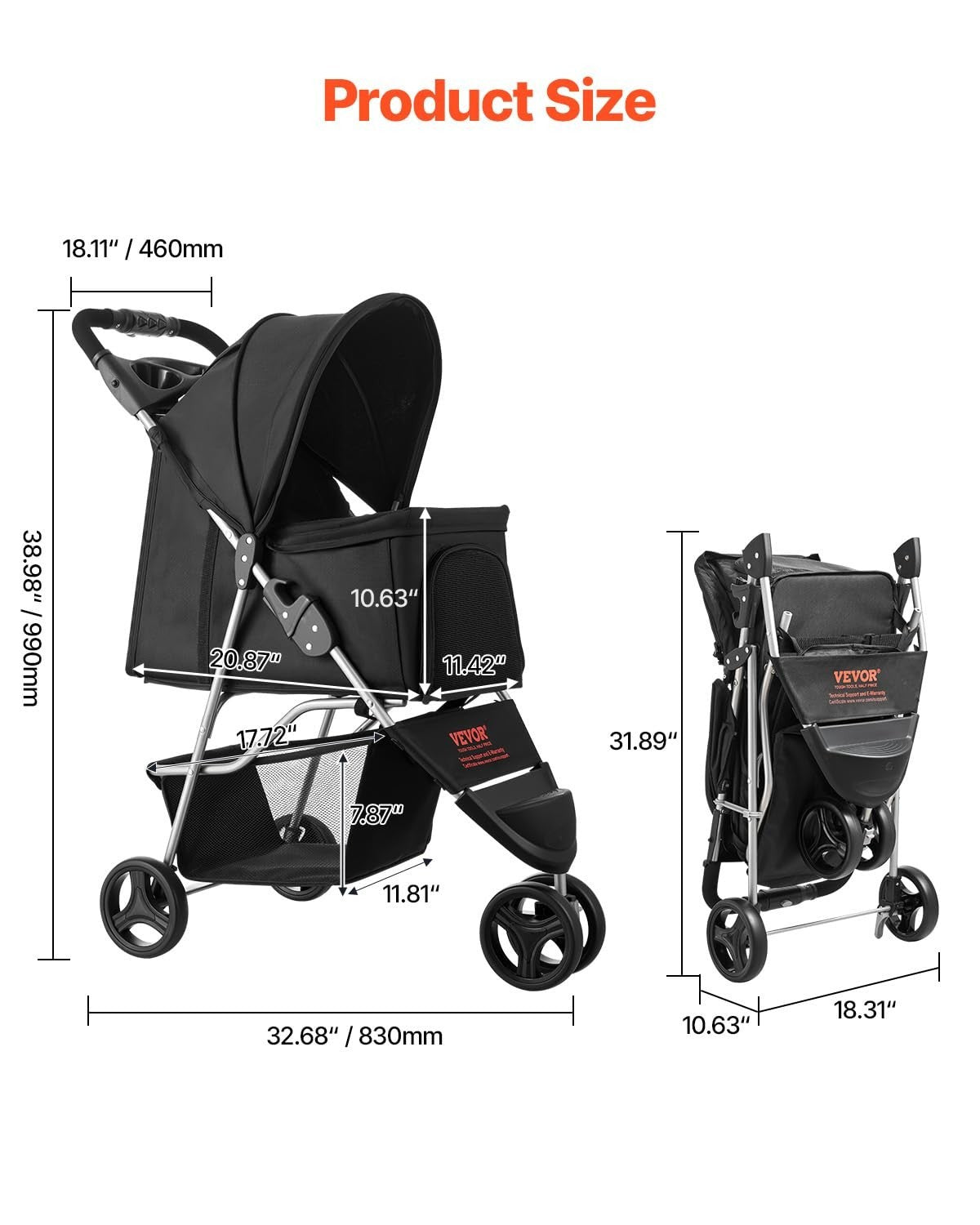 Pet Stroller 3 Wheel Folding Dog Pram 35lb Capacity Brake Mesh Cup Holder