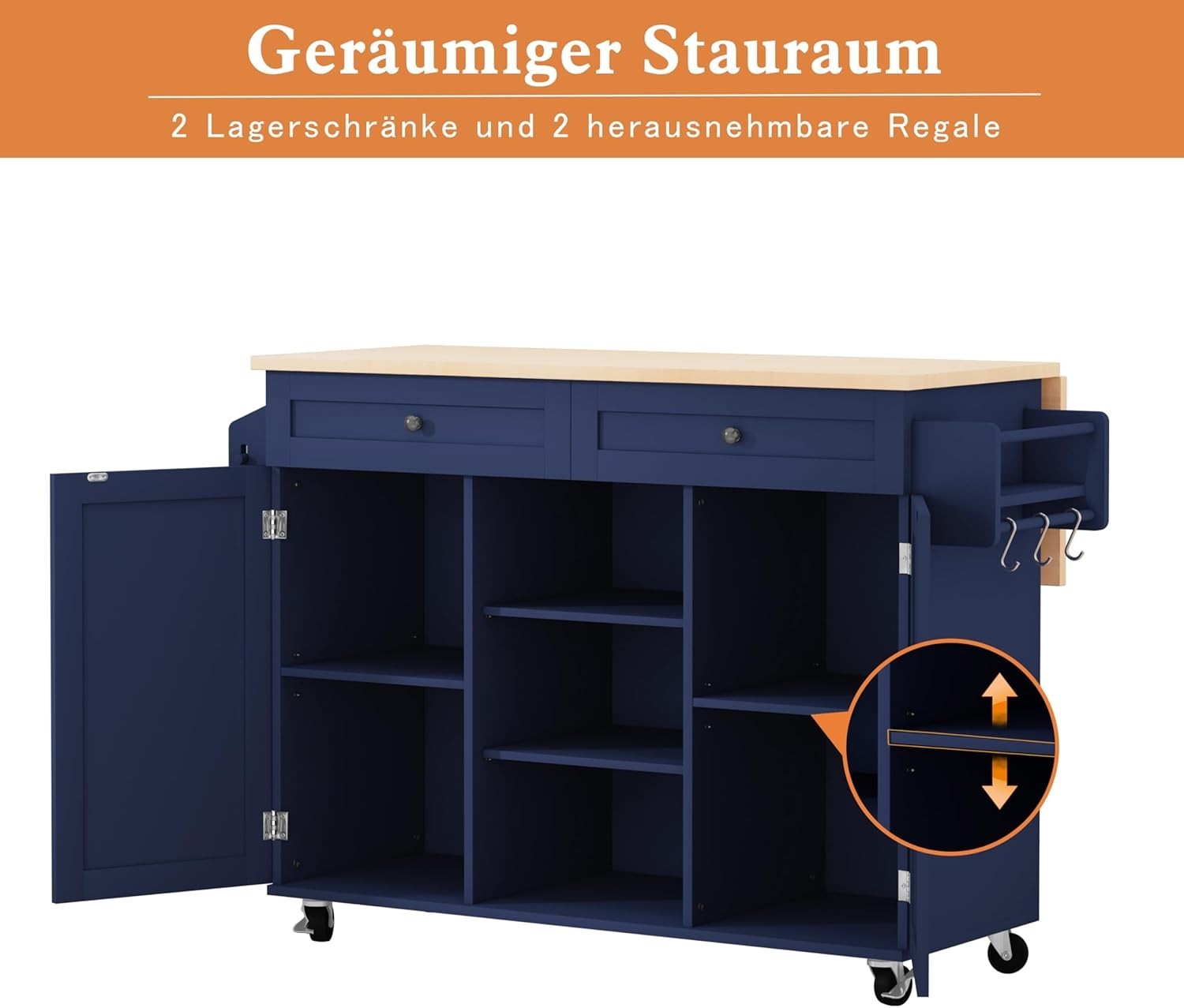 Kitchen Island Trolley with Drop Leaf, Storage Cabinets & Wheels – Blue