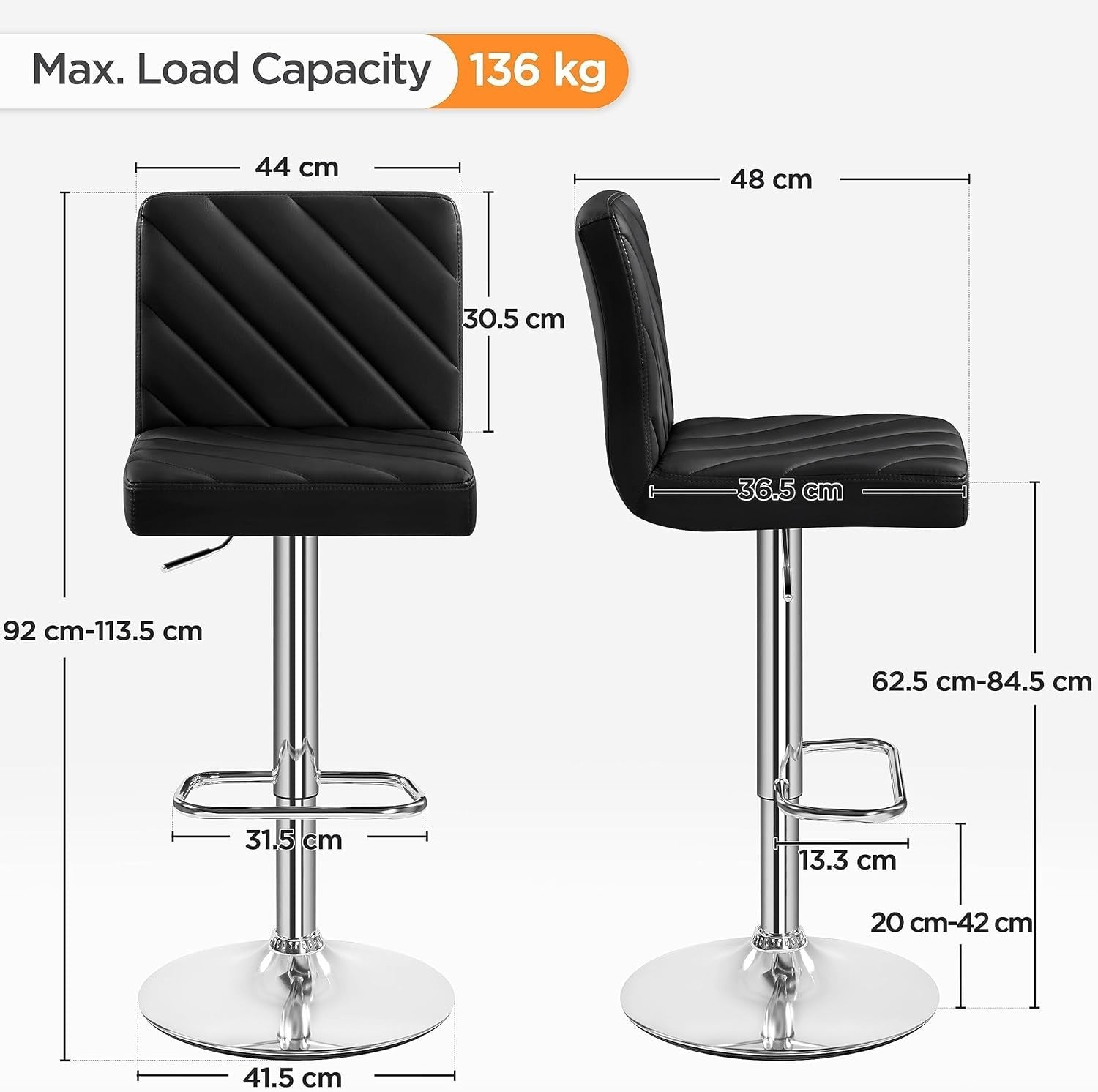 Black Adjustable Swivel Bar Stools Set of 2 Faux Leather Chairs