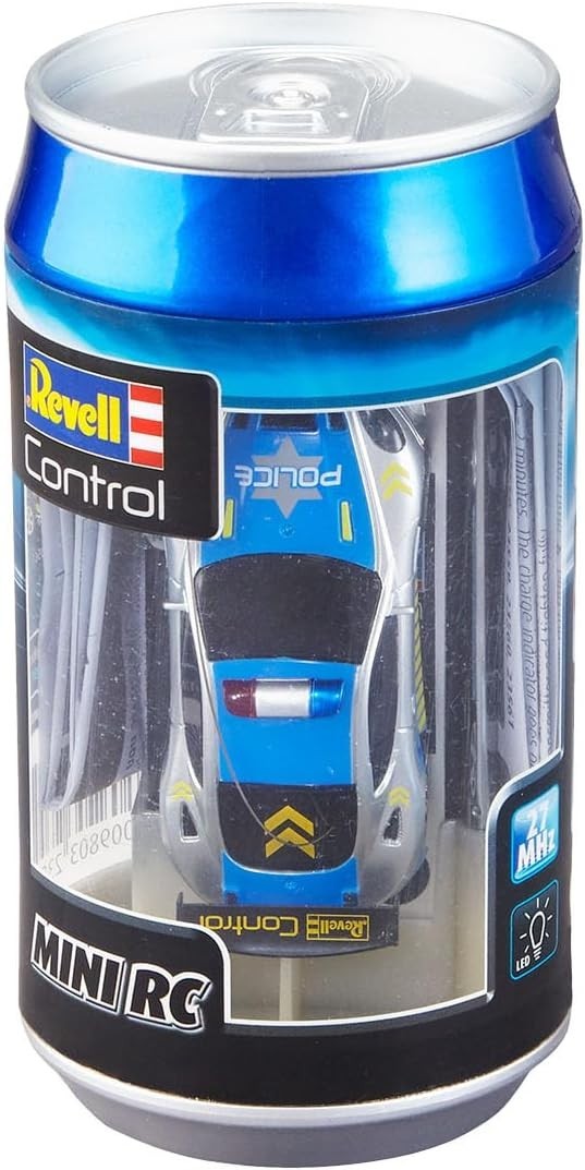 Mini RC Police Car in Can – 27MHz Remote Control Toy with Cones, 8cm Model