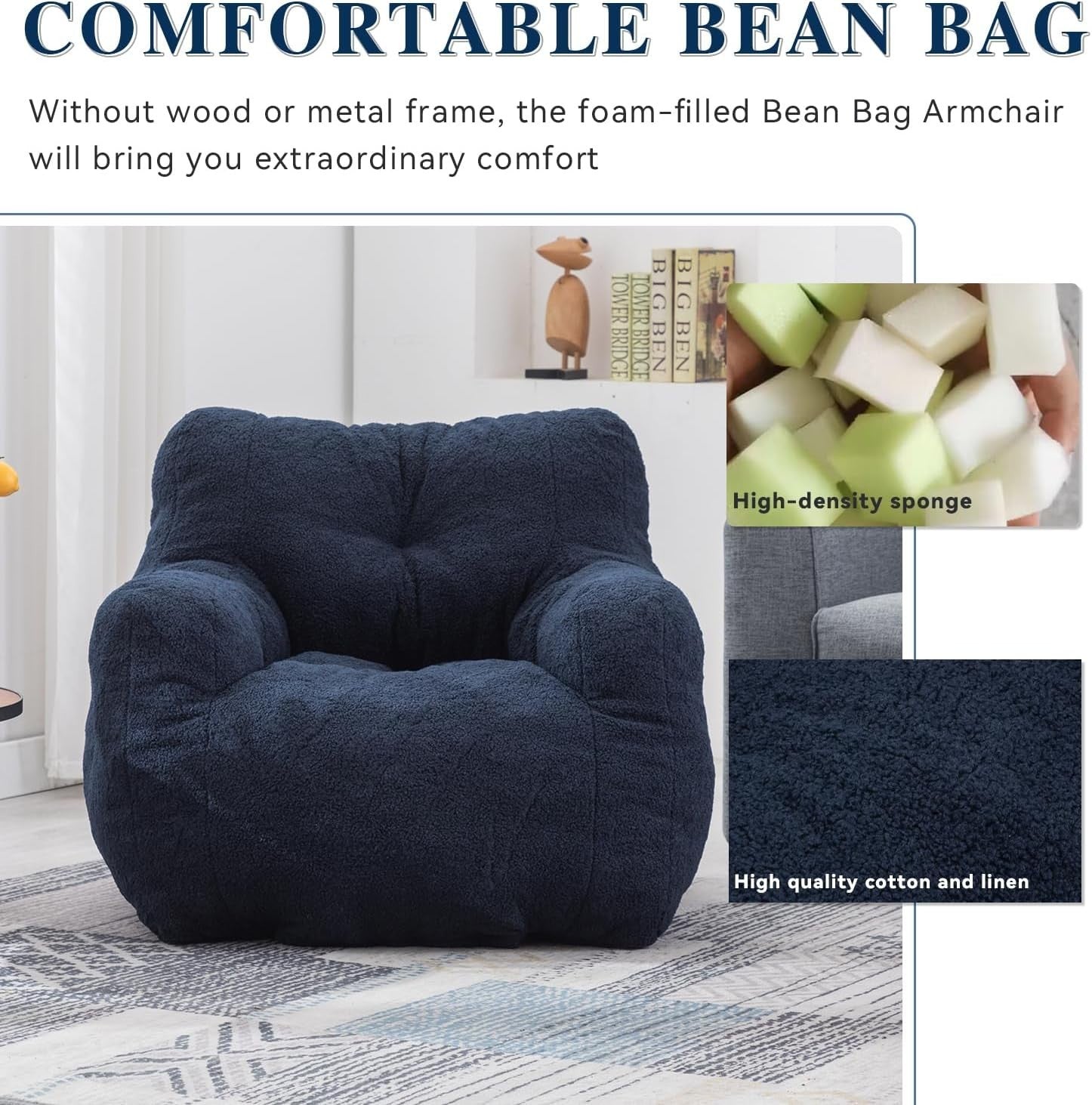 Blue Memory Foam Bean Bag Chair | Large Teddy Sofa Seat for Adults Room