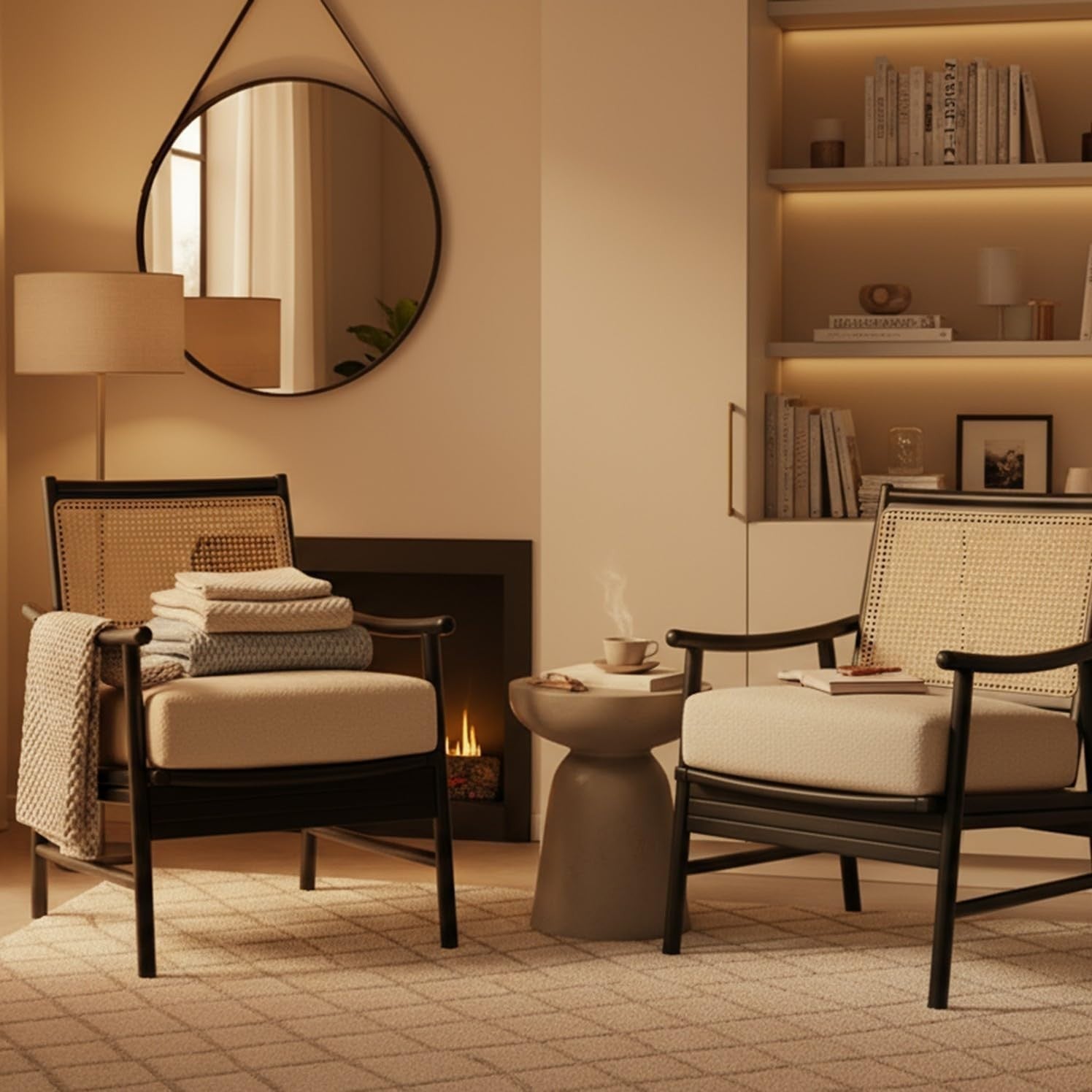Black Cane Bedroom Armchair Modern Rattan Accent Chair with Boucle Cushion