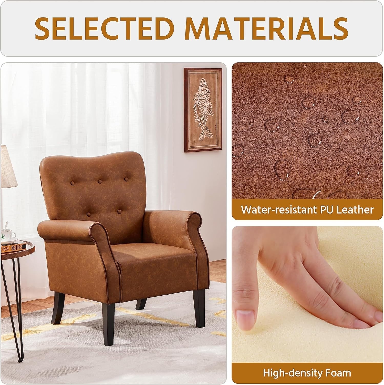 Retro Brown PU Leather Tub Chair Accent Armchair Padded Living Room Seat