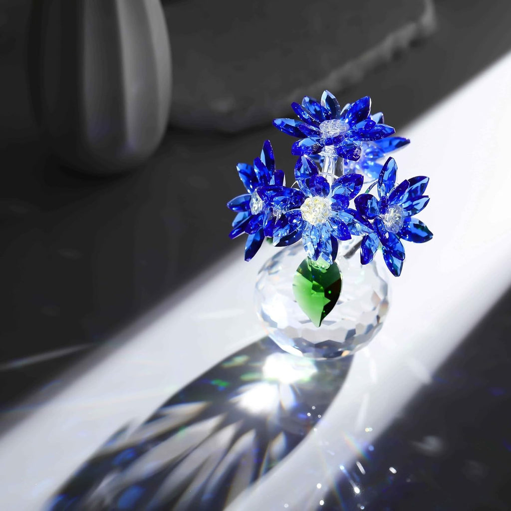Crystal Sapphire Daisy Bouquet Ornament Blue Glass Flowers Gift Home Decor 10cm