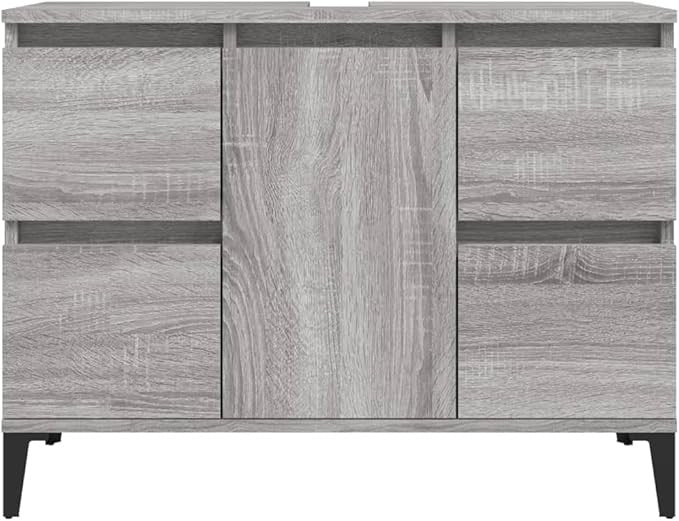 Grey Oak Under Sink Bathroom Cabinet 80cm Modern Vanity Unit with Drawers & Door