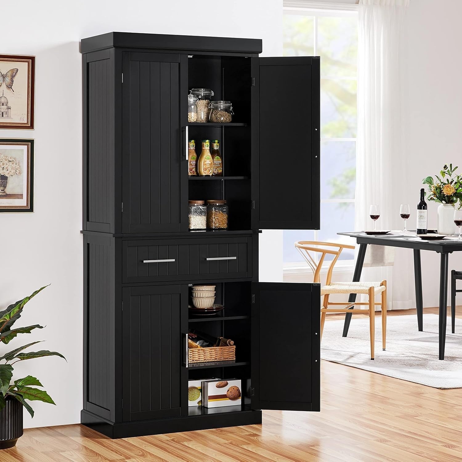 183.5cm Tall 4-Door Kitchen Cupboard 1-Drawer Adjustable Shelves Black