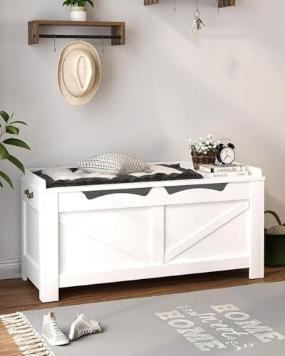 White Wooden Storage Chest with Lift-Top Lid – Large Hallway Bench Box