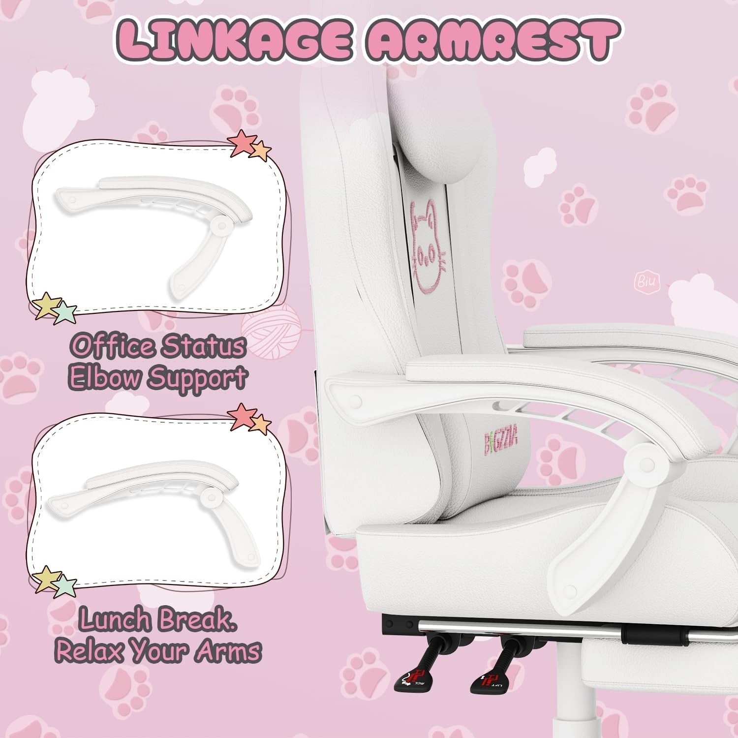 Gaming Chair with Cat Ears Massage Lumbar Recliner White