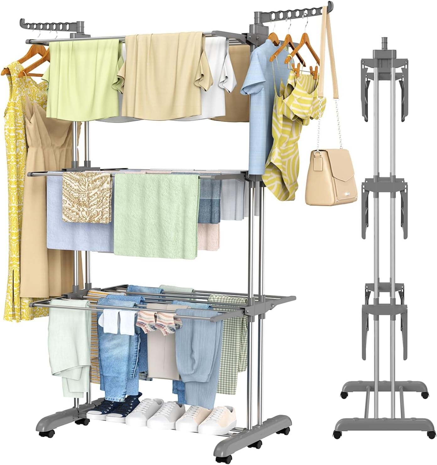 4 Tier Clothes Airer Folding Drying Rack With Wheels Stainless Steel