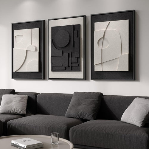 Large 3D Textured Wall Art 3pc 24x36in Black White Framed