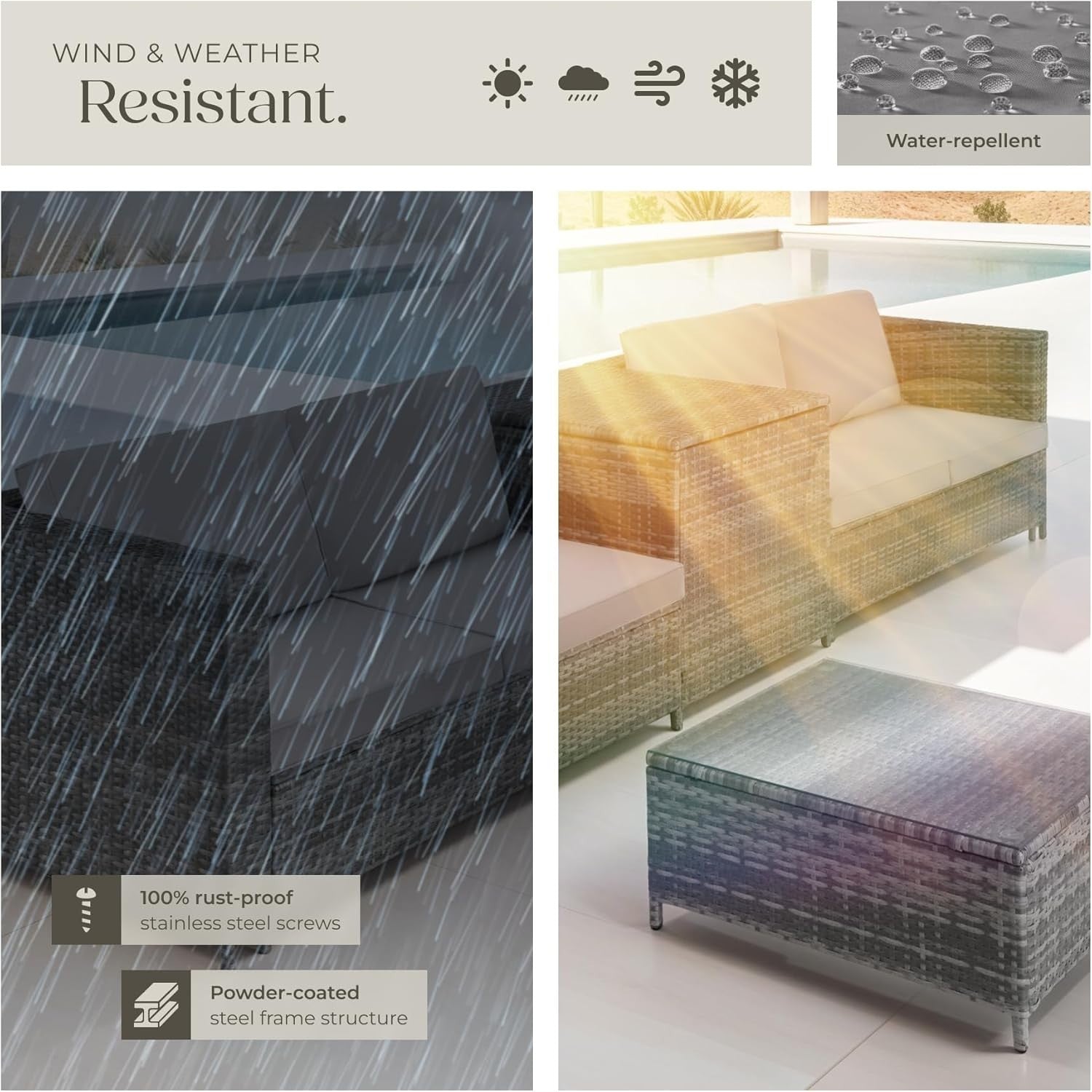 Grey Rattan Garden Sofa Set with Thick Cushions & Storage Box - Patio Outdoor