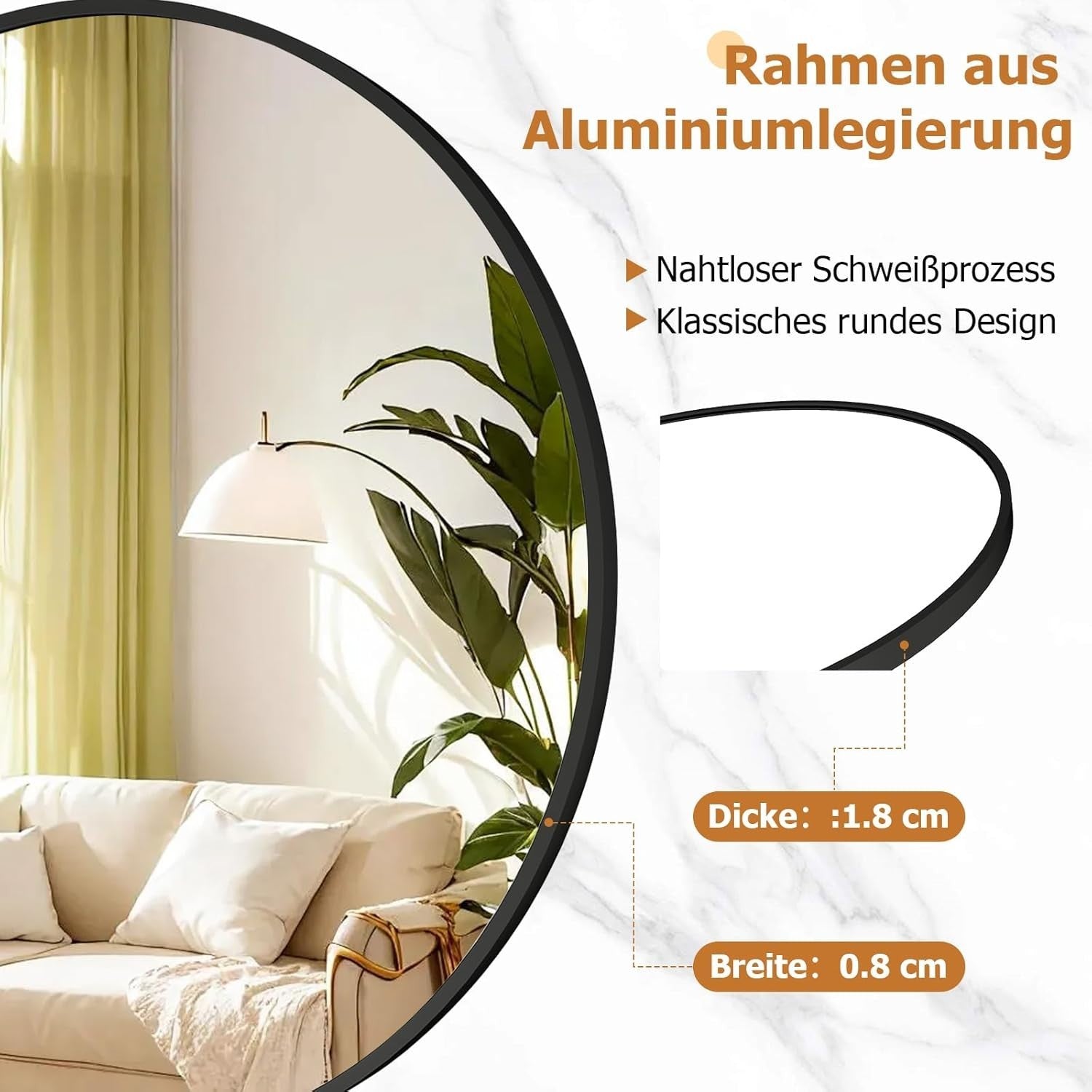 Large Round Wall Mirror 106cm with Seamless Aluminum Frame & Easy Mount