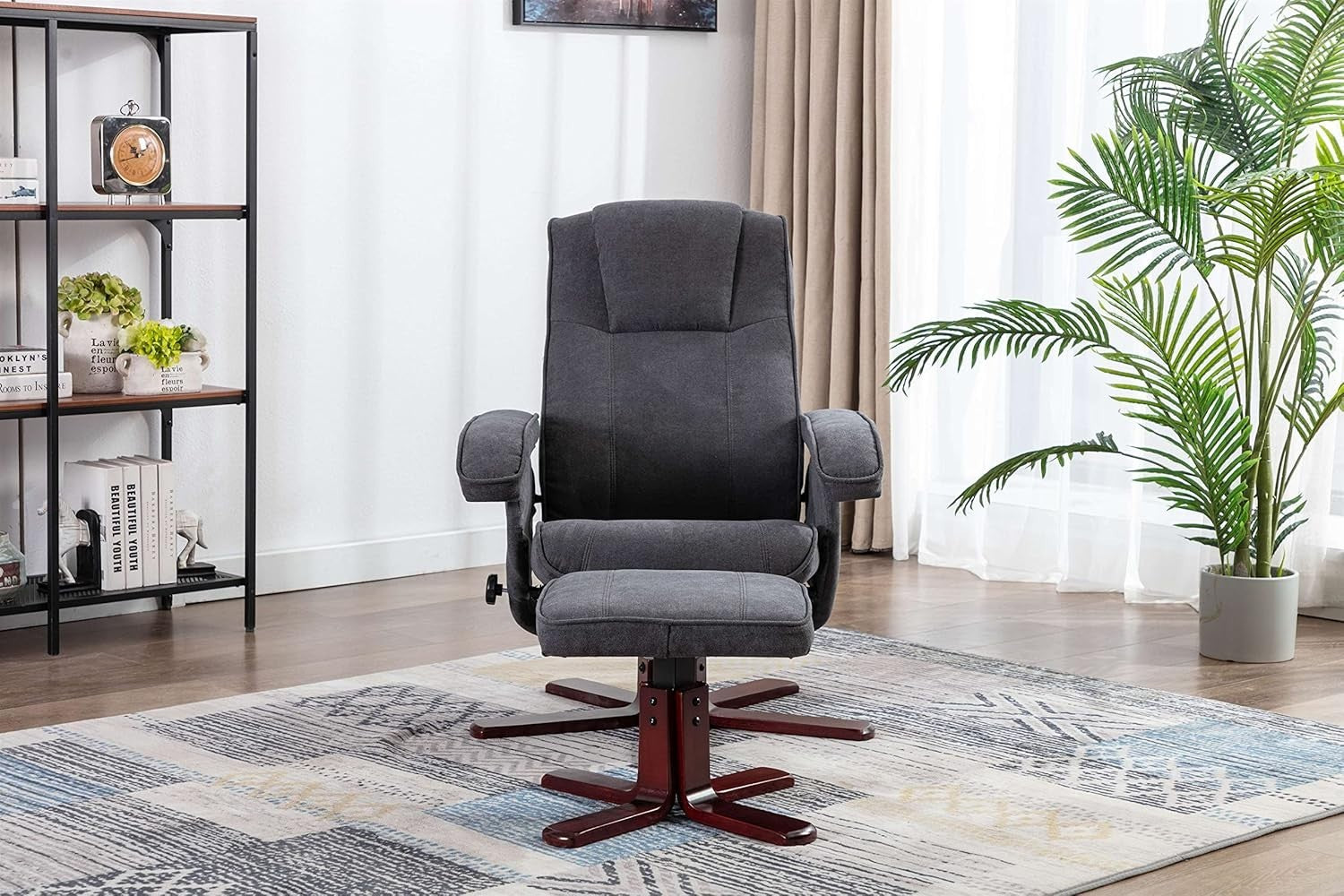 Recliner Armchair with Footstool Swivel Fabric Chair Lounge Seat Grey