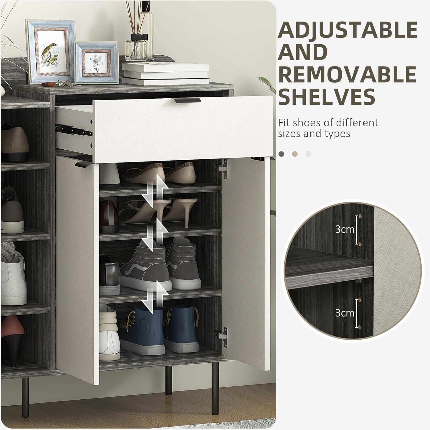 Narrow Shoe Storage Cabinet with 4-Tier Shelves & Sliding Drawer, 96cm