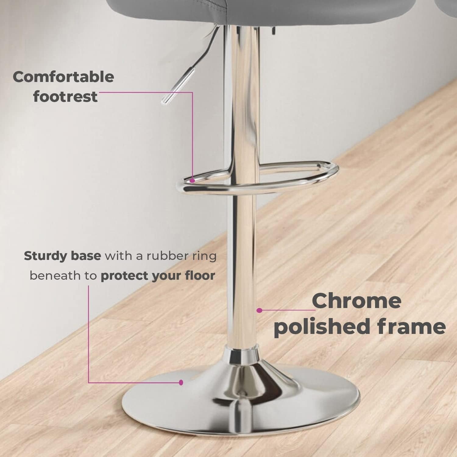 Dark Grey Faux Leather Adjustable Swivel Bar Stools Set of 2 Chrome