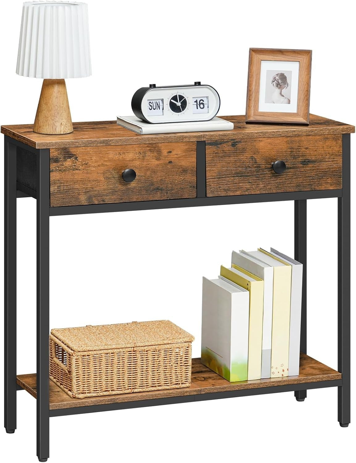 Slim Console Table with Storage Drawers & Shelf, Industrial Rustic Look
