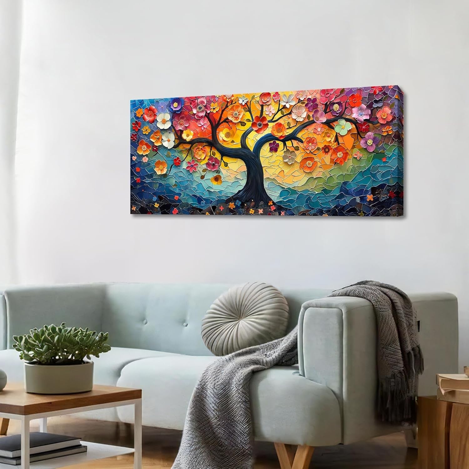 Colorful Tree of Life Canvas Wall Art – Wooden Framed 50x120cm Modern Decor
