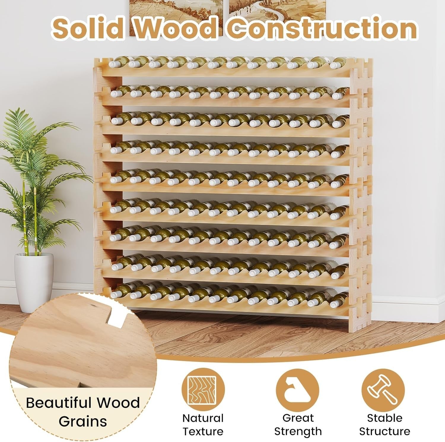 108 Bottle Wine Rack Large 6 Tier Natural Wood Stackable Storage Cellar Bar