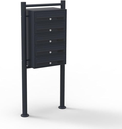 Freestanding Black Pillar Letterbox System 5 Doors Lockable Steel Post