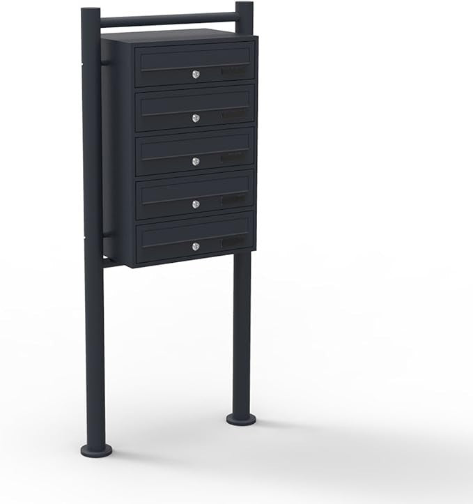 Freestanding Black Pillar Letterbox System 5 Doors Lockable Steel Post