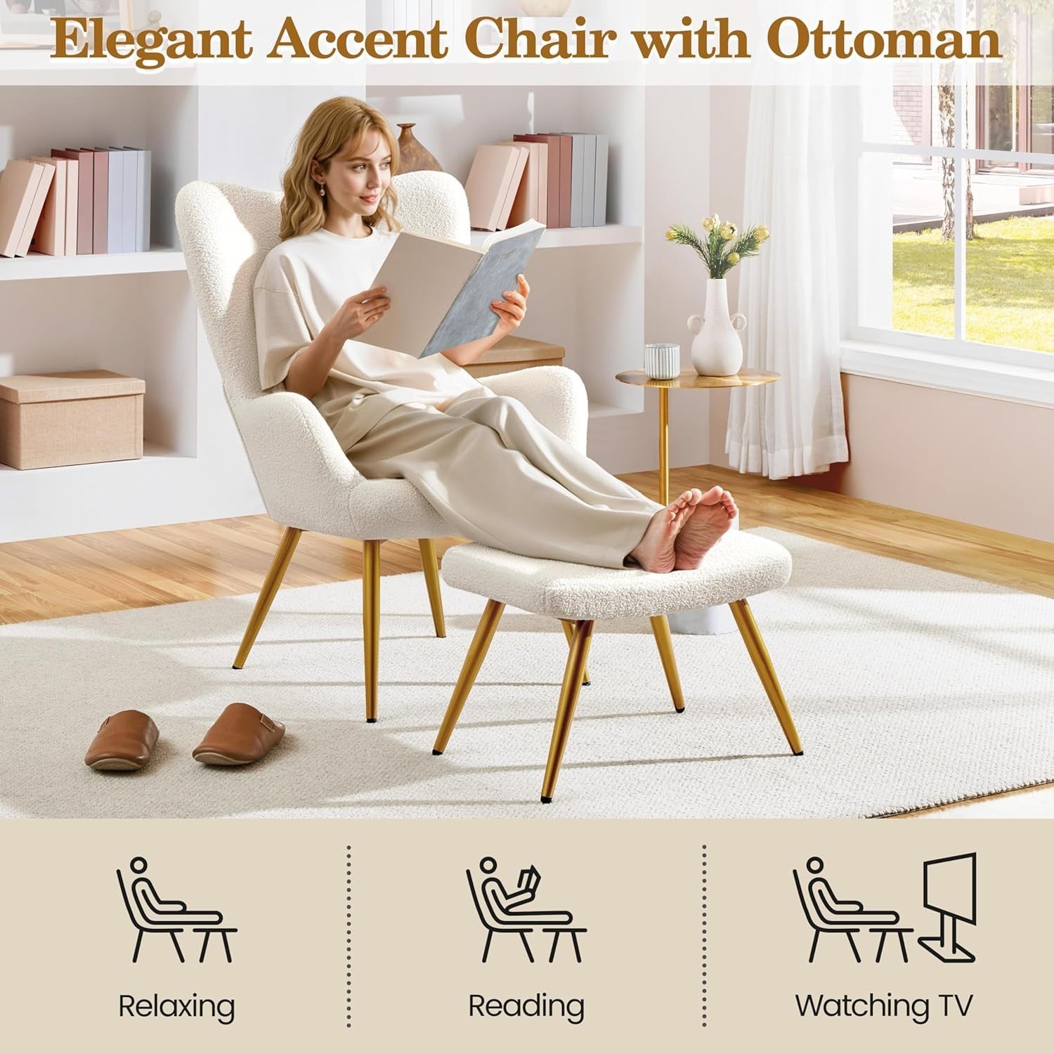Sherpa Boucle Armchair with Ottoman High Back Lounge Chair Ivory