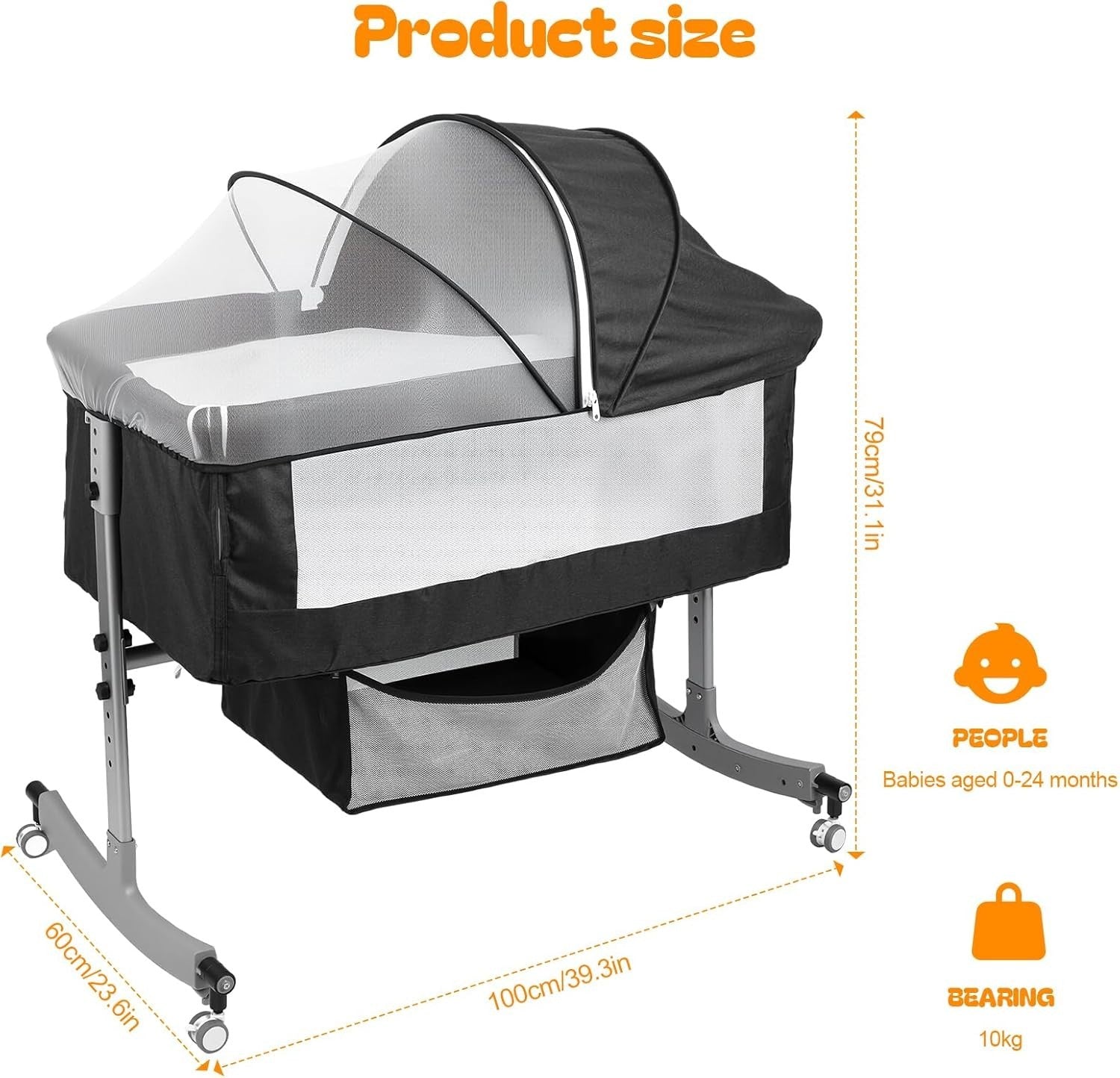 Rocking Bedside Crib Mosquito Net Wheels Adjustable Height w/ Changing Table