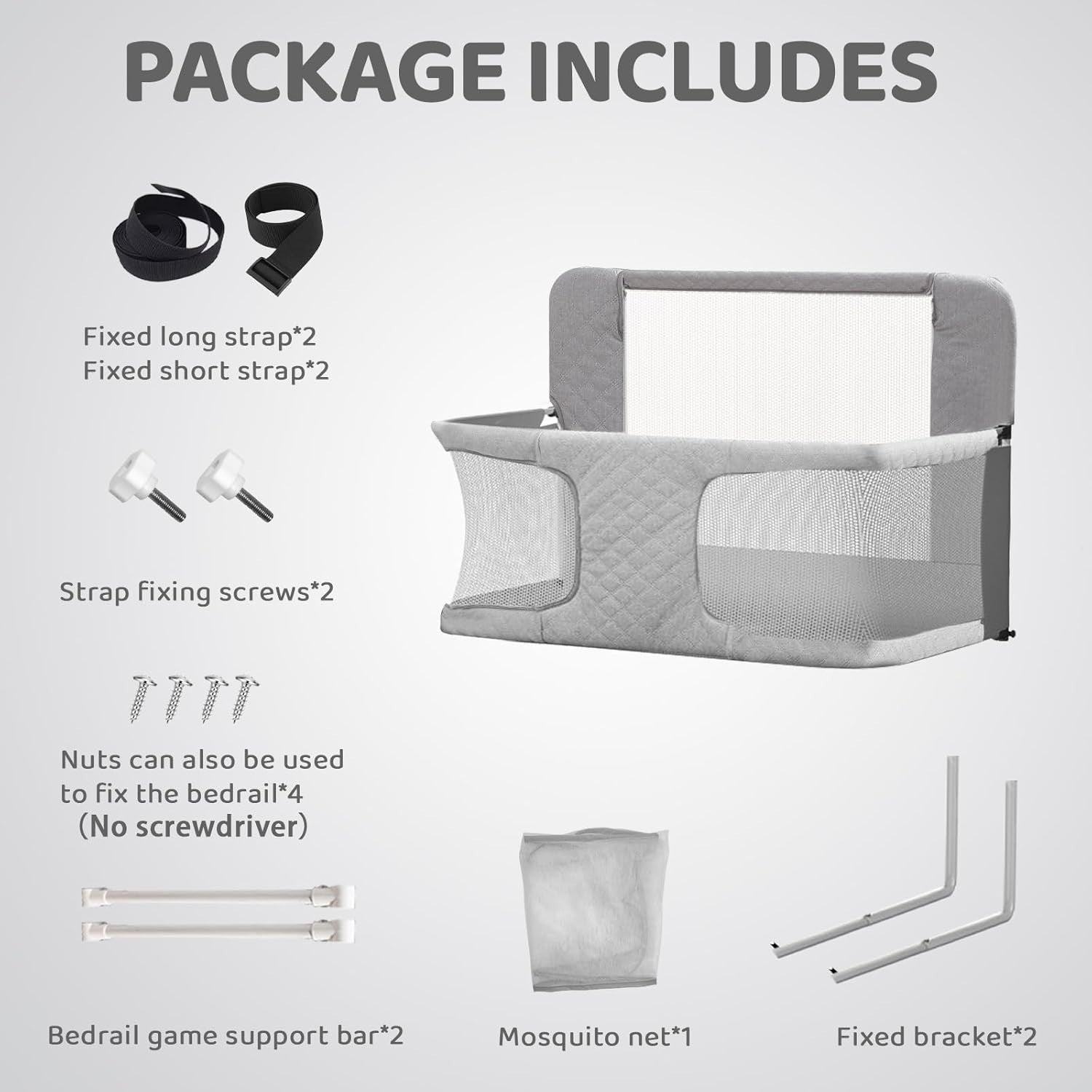 3in1 Folding Baby Crib Bedside Sleeper Playpen Portable Cot with Mesh Grey