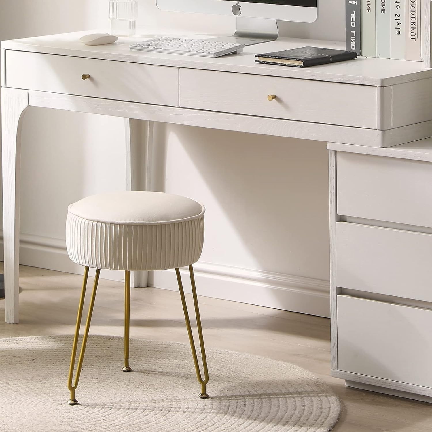 Cream Velvet Round Footrest Ottoman – Vanity Stool with Golden Steel Legs