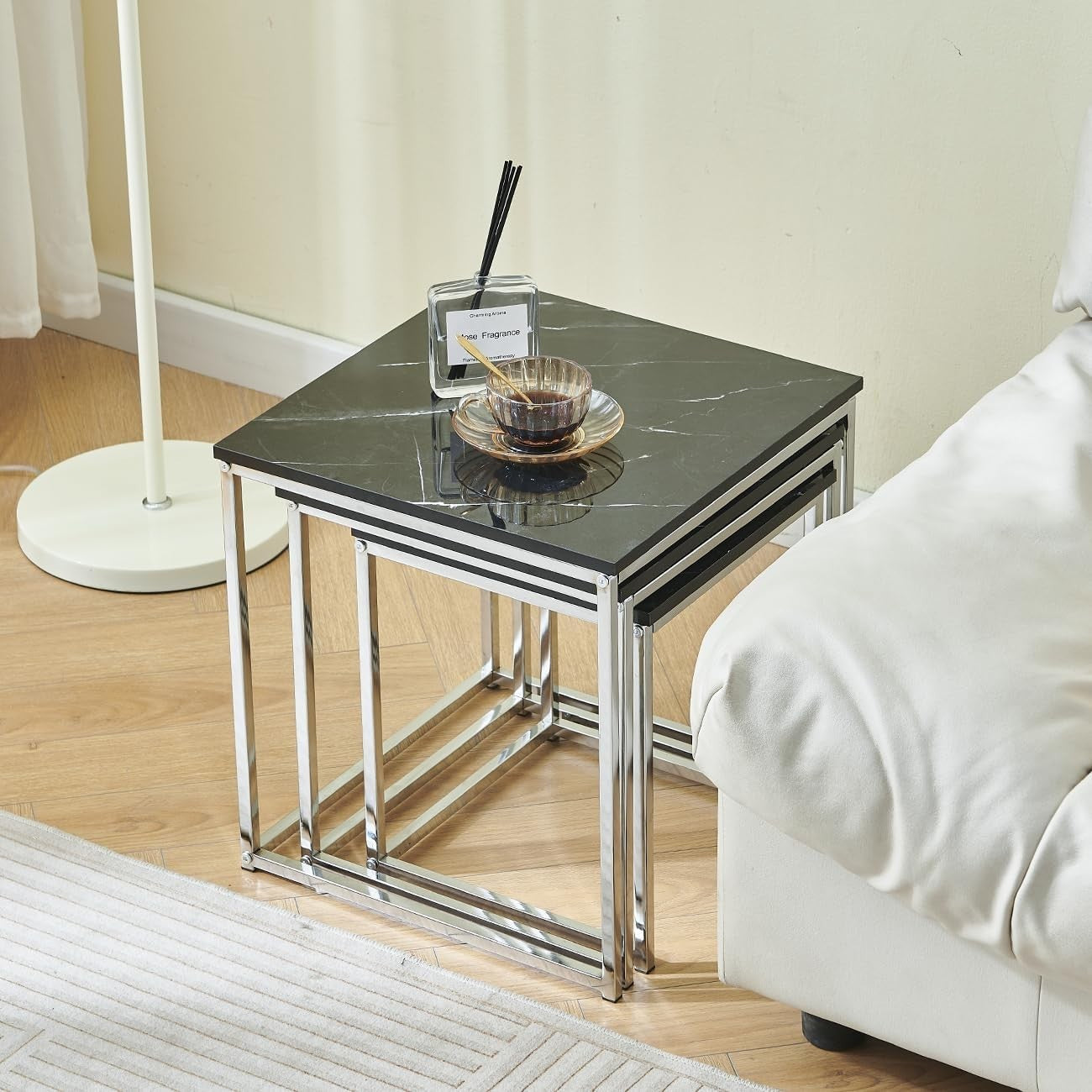 3-Tier Nesting Coffee Tables Set of 3 Black Marble End Side Accent Table Home