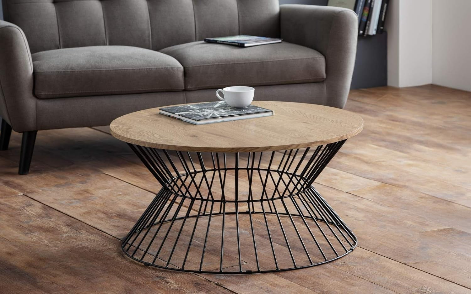 Round Oak Coffee Table with Black Wire Base – Modern Industrial Style 80x80x40
