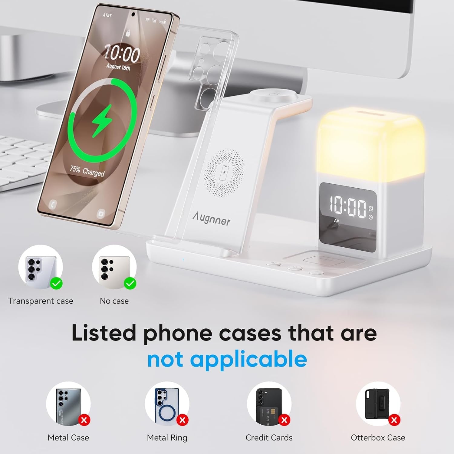 Wireless Charging Station Alarm Clock LED Night Light Fast Charge Bedside