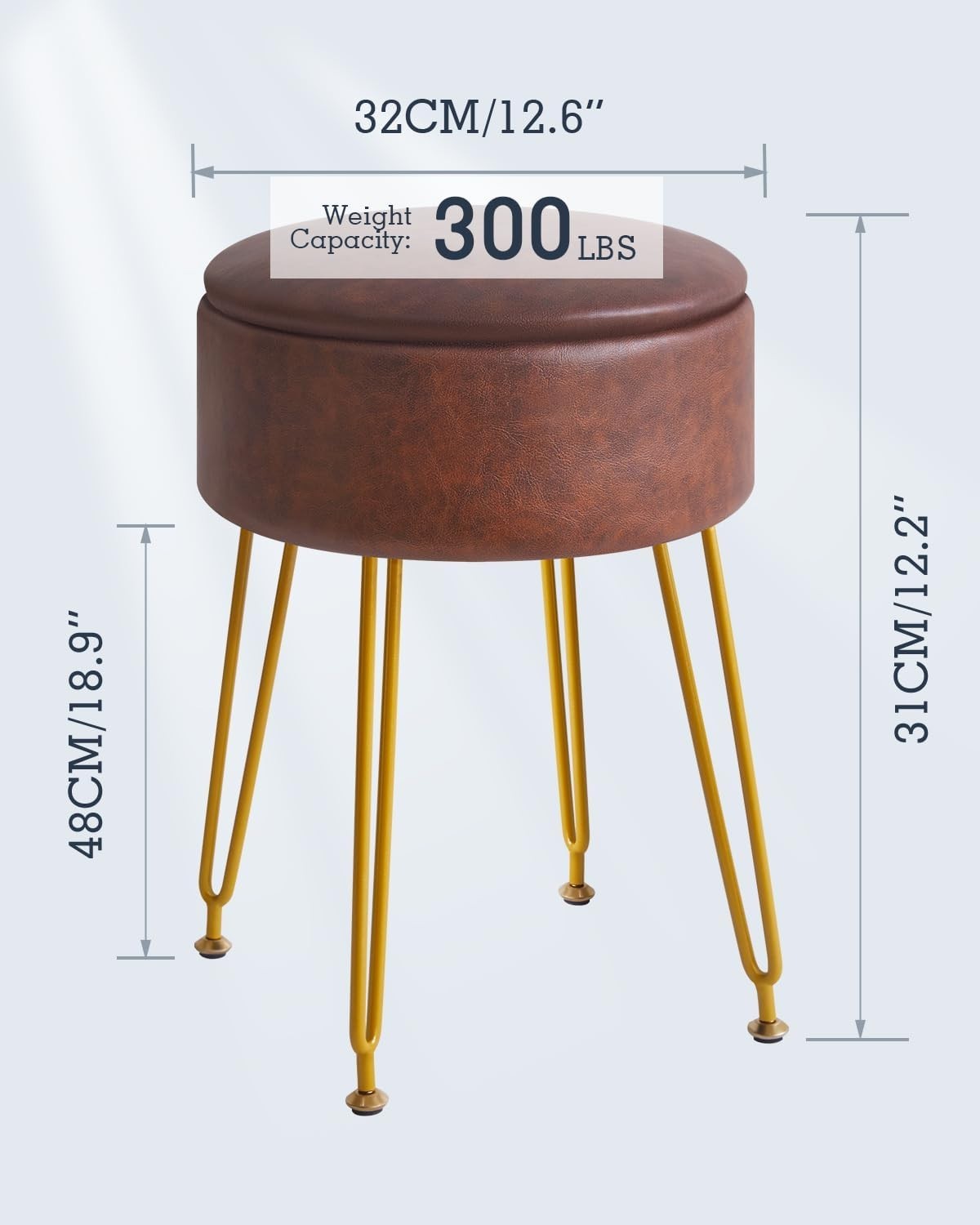 Dark Brown Faux Leather Round Storage Footstool – Vanity Stool with Gold Legs