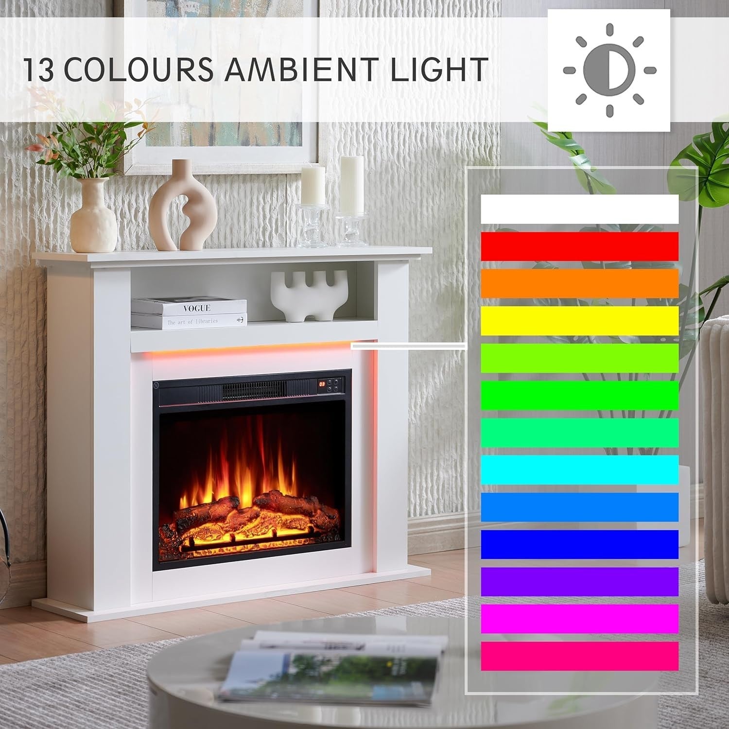 Electric Fireplace Heater with LED Flame & Surround, 39" White Mantel