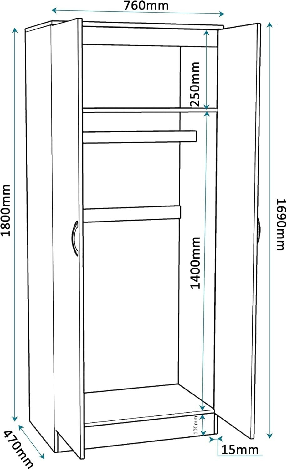High Gloss 2 Door Wardrobe Slim Storage with Shelf & Hanging Rail 180cm