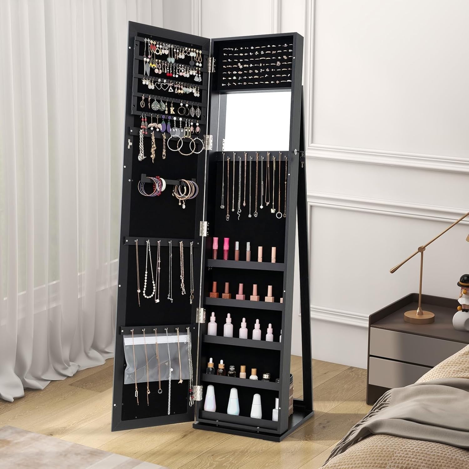 Rotating Jewelry Armoire Lockable Full Length Mirror Storage Cabinet