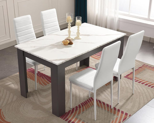 Modern White Marble Dining Table Set with 4 PU Leather Chairs - 120x80x75cm
