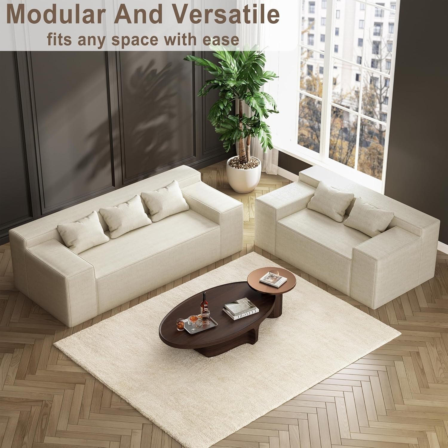 Beige Sofa in a Box 3 Seater Fabric Couch Small Space No Assembly