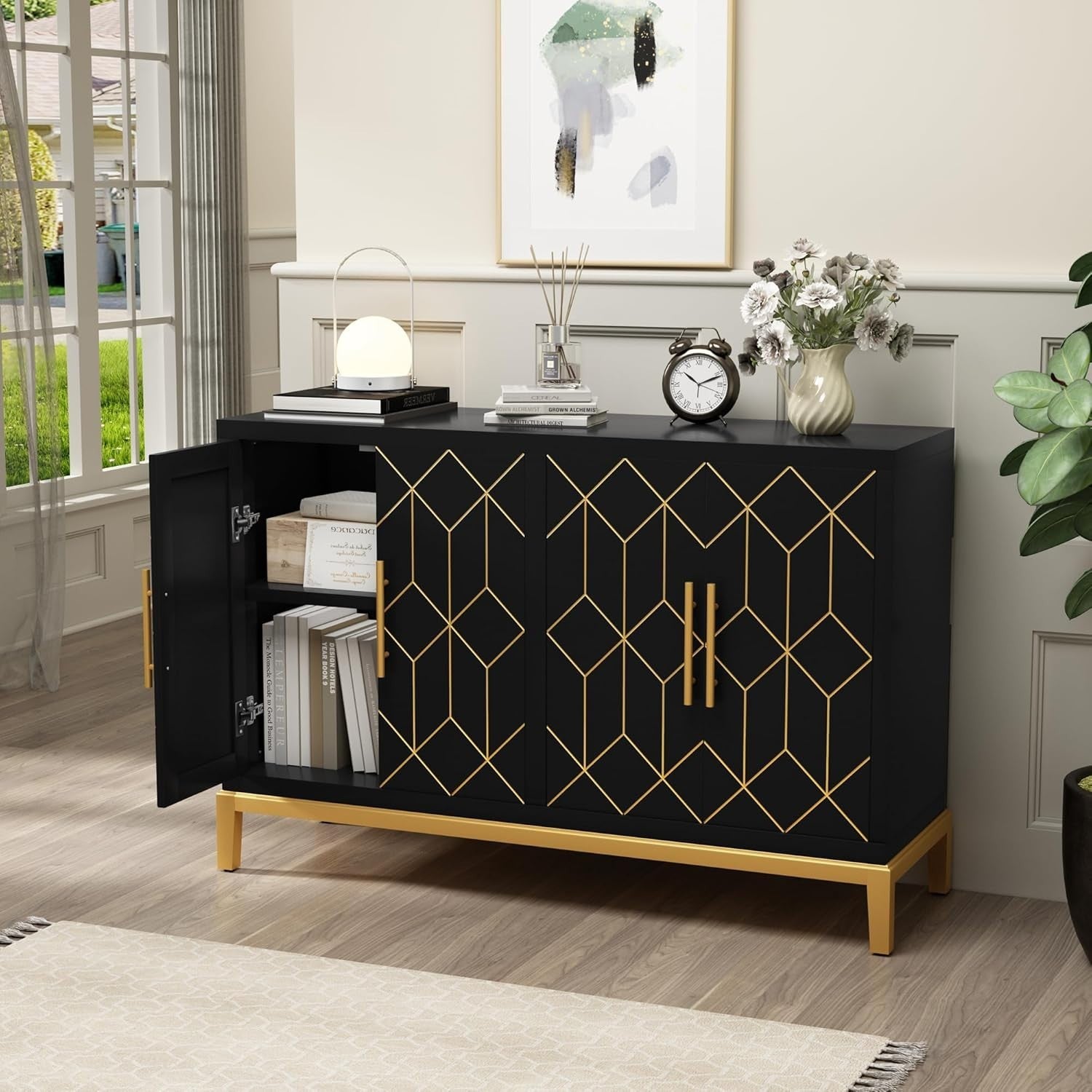 Black Sideboard Cabinet 4 Door Gold Trim Storage Unit for Hallway Room