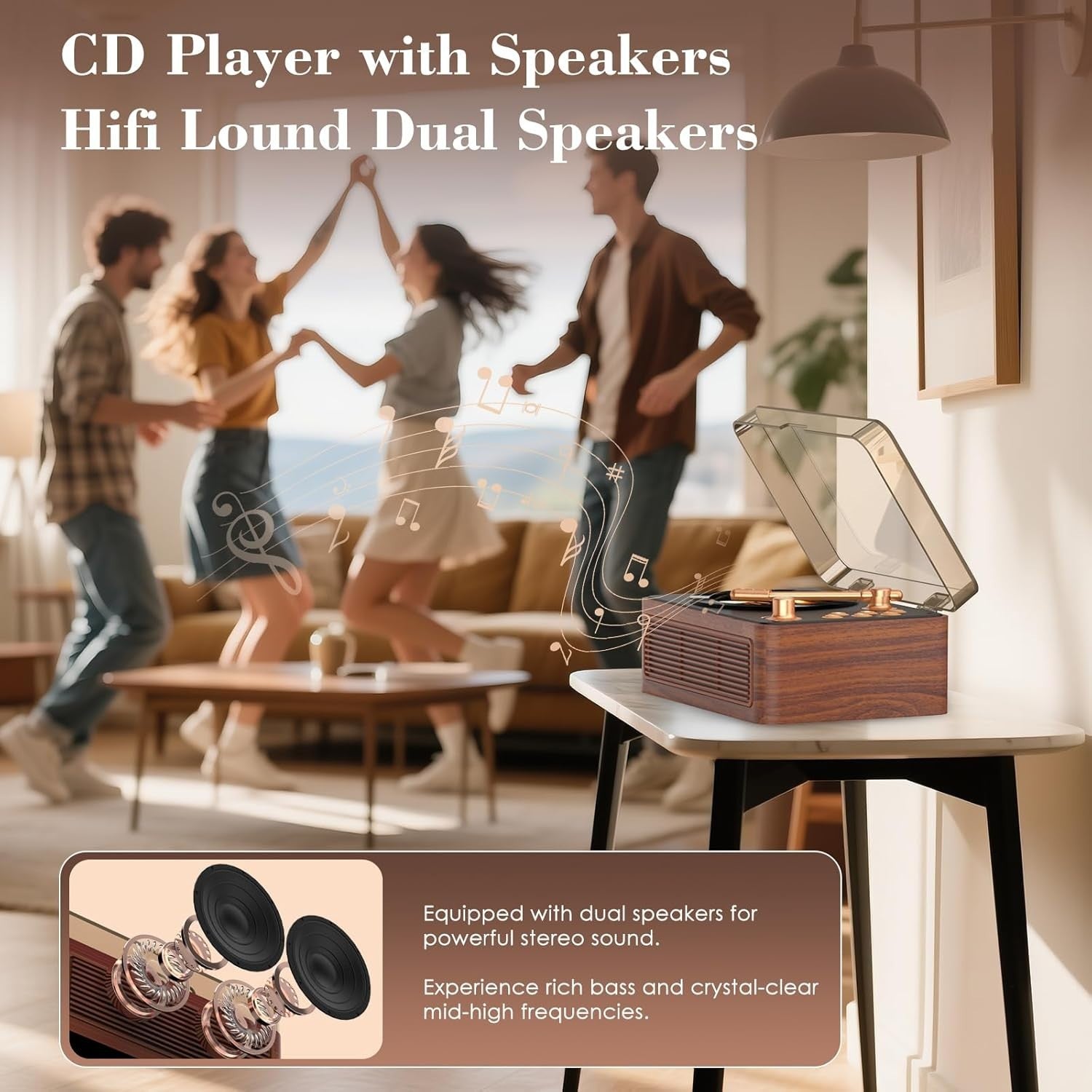 Retro Bluetooth CD Player FM Radio USB AUX HiFi Speakers Walnut