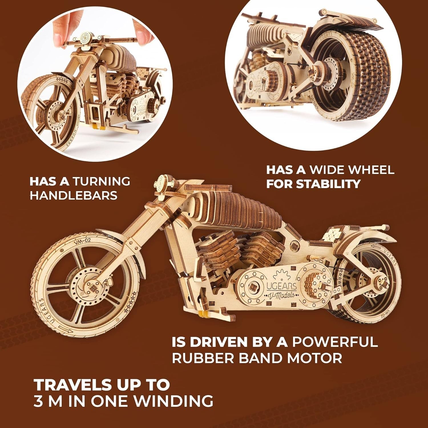 3D Wooden Motorcycle Puzzle Model Kit with Rubber Band Motor – Fun & Educational