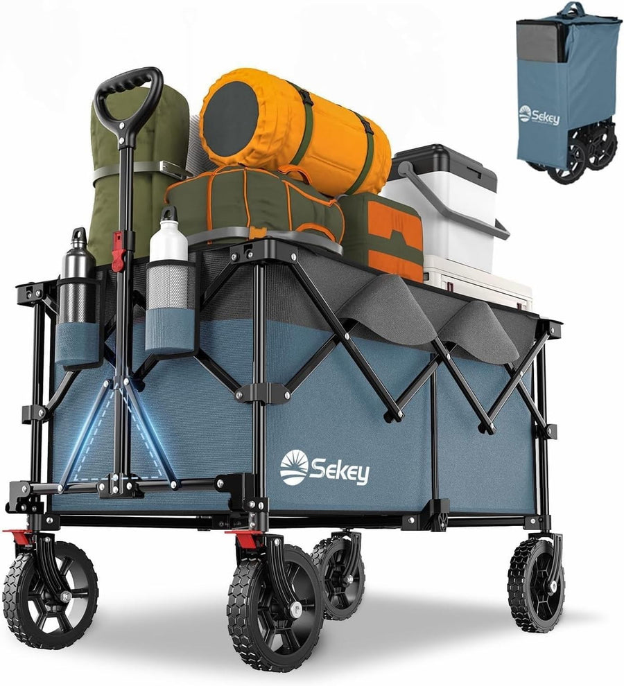 Blue Grey 200L Folding Camping Wagon 150kg Heavy Duty All Terrain Festival Cart