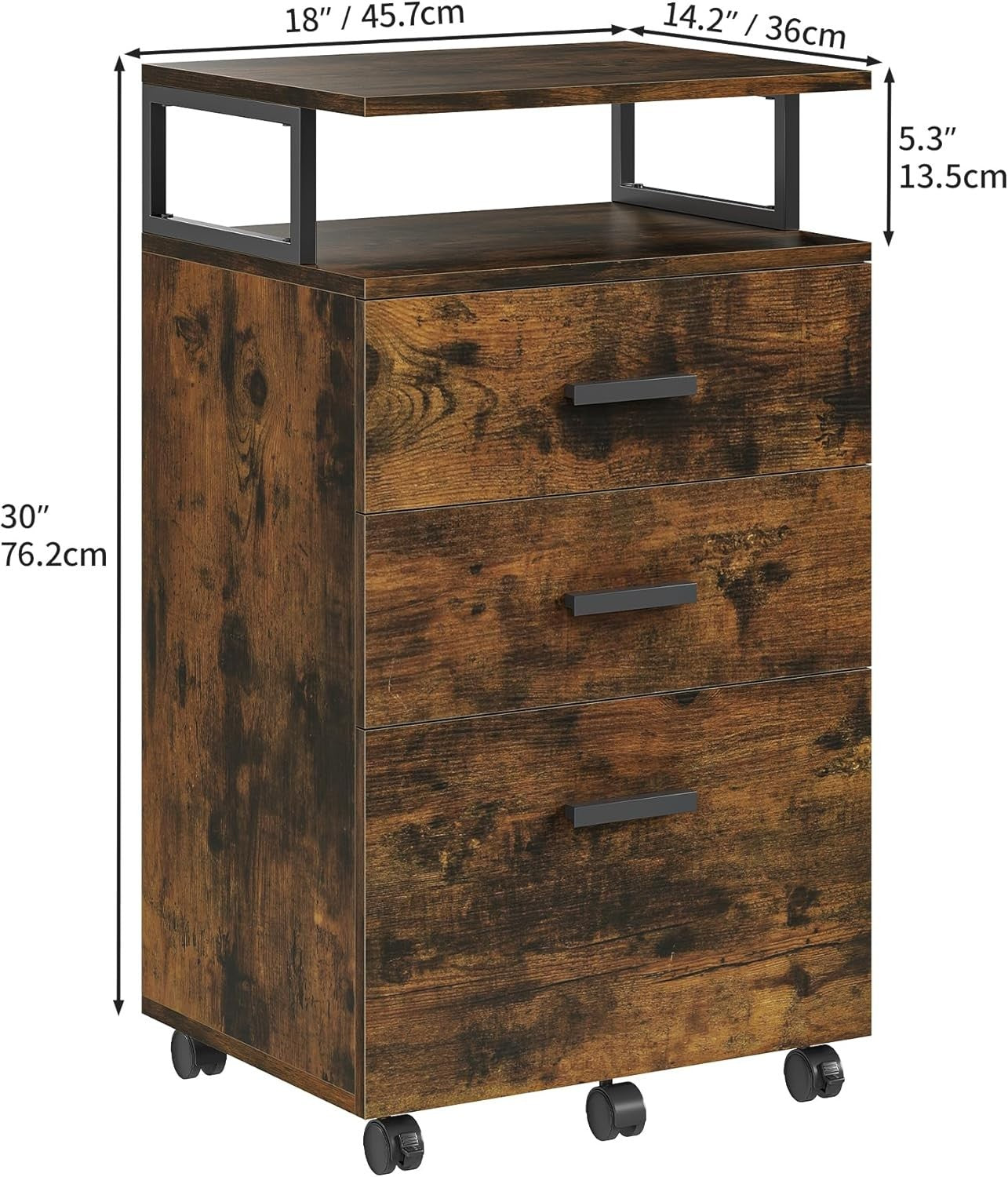 Rustic Mobile File Cabinet 3 Drawer Rolling Printer Stand Open Shelf