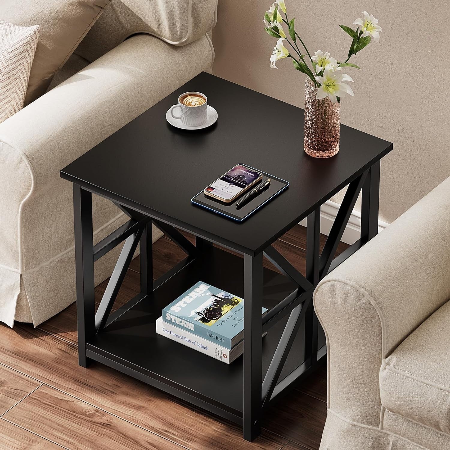 Black 2-Tier Square Side Table 50x50x50 cm | Farmhouse End Table w/ Storage